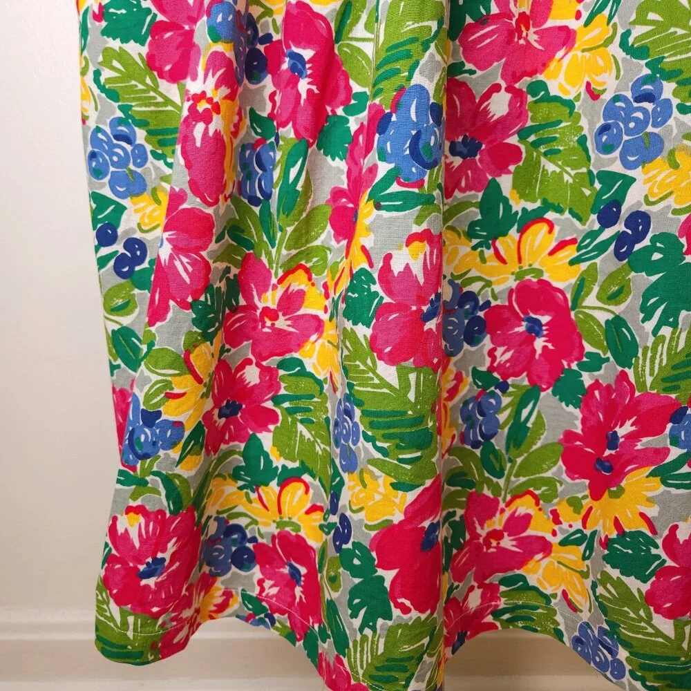 Vintage tropical cotton floral sleeveless midi dress, ruffle sweetheart neckline - Picture 9 of 13